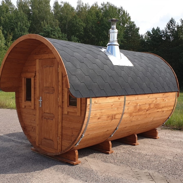 Sauna da esterno rotonda a botte 4 m. ø 2.30 da esterno con stufa