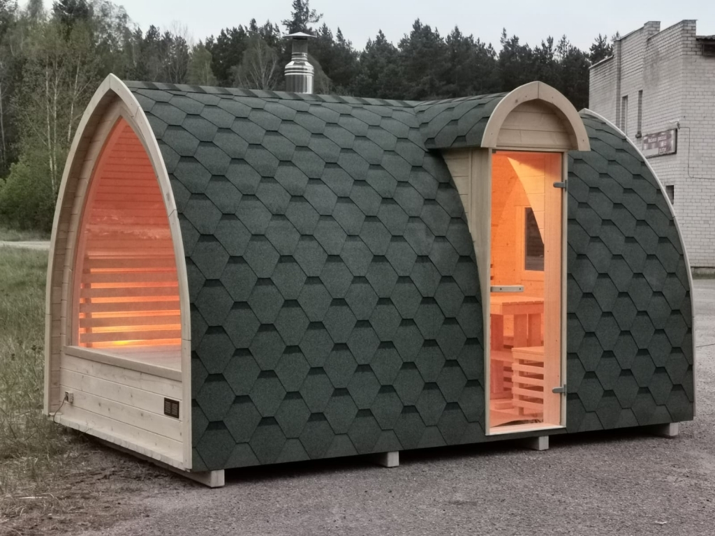 Sauna da esterno zona relax Finlandese Igloo entrata laterale stufa a legna