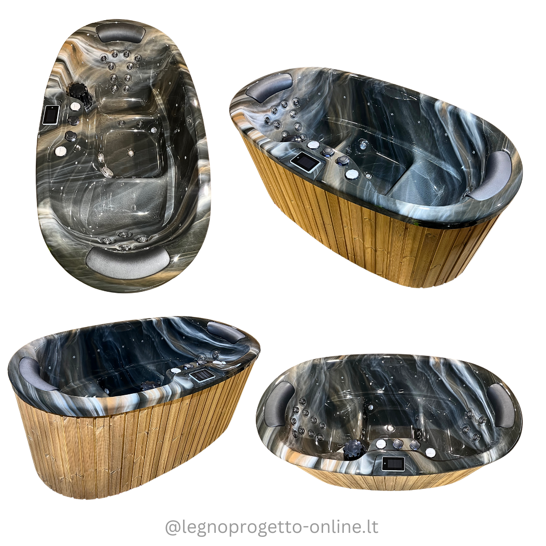 Vasca da bagno ovale in stile Ofuro per due persone, con esterno in legno naturale ed interno in acrilico bianco, perfetta per un ambiente bagno elegante e rilassante