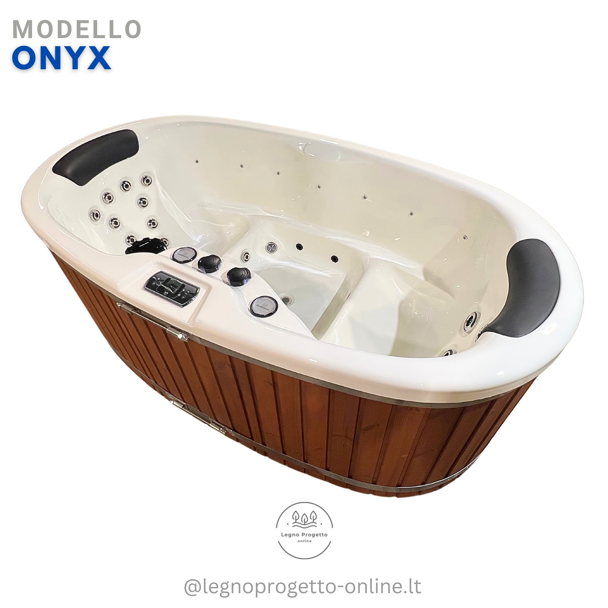 Vasca Ofuro ONYX ovale per due persone, lussuosa in acrilico e rivestita in legno, dotata di 18 idrogetti, cromoterapia e riscaldamento GECKO